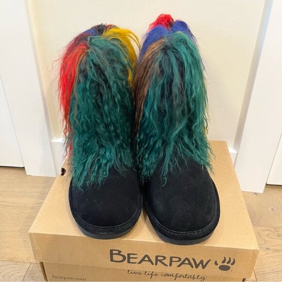 New Bearpaw Boo Boots Genuine Leather Suede Long Fur Sheepskin Black Size 10 - Picture 6 of 12
